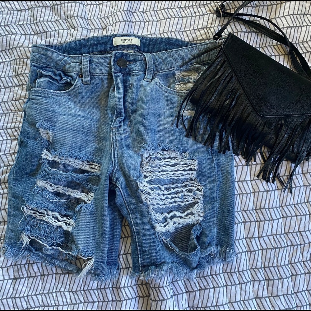 Distressed jean shorts
